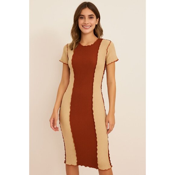 Shein Curve Bodycon Dress Women Size OXL 12 Brown Ribbed Knit Short Sleeve - Picture 2 of 11